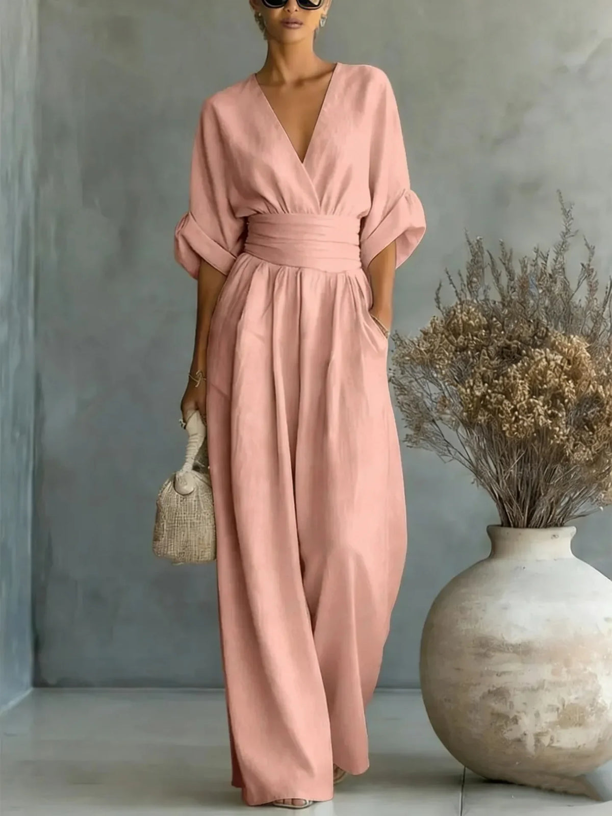 Women's Jumpsuit Fashion High Waist V-neck Jumpsuits for Woman Sexy White Office Wide Leg Trousers Overalls Vacation Outfit New